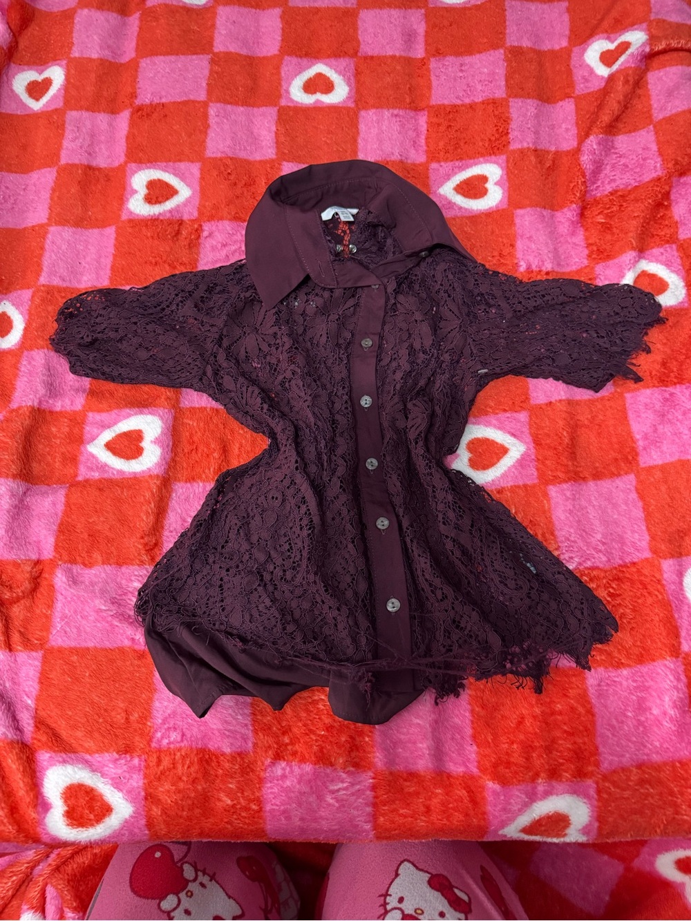 Time and Tru Lace Button-Front Top in Deep Plum